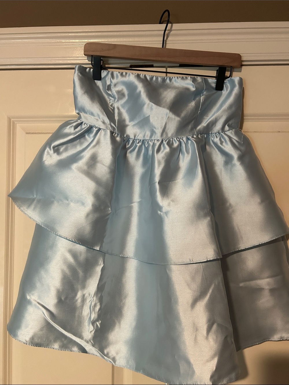 Light Blue Satin Tiered Strapless Dress